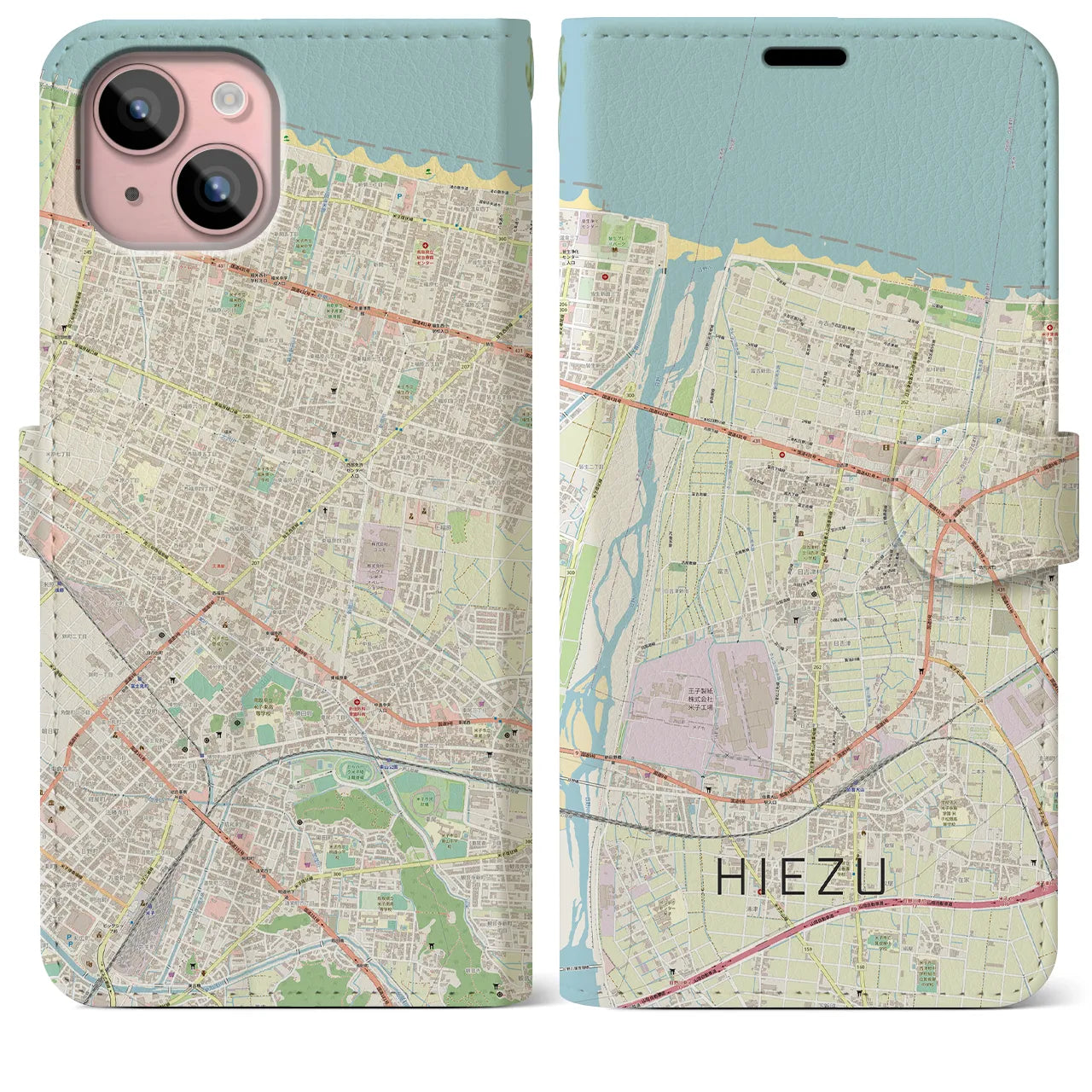 【日吉津】地図柄iPhoneケース（手帳両面タイプ・ナチュラル）iPhone 15 Plus 用