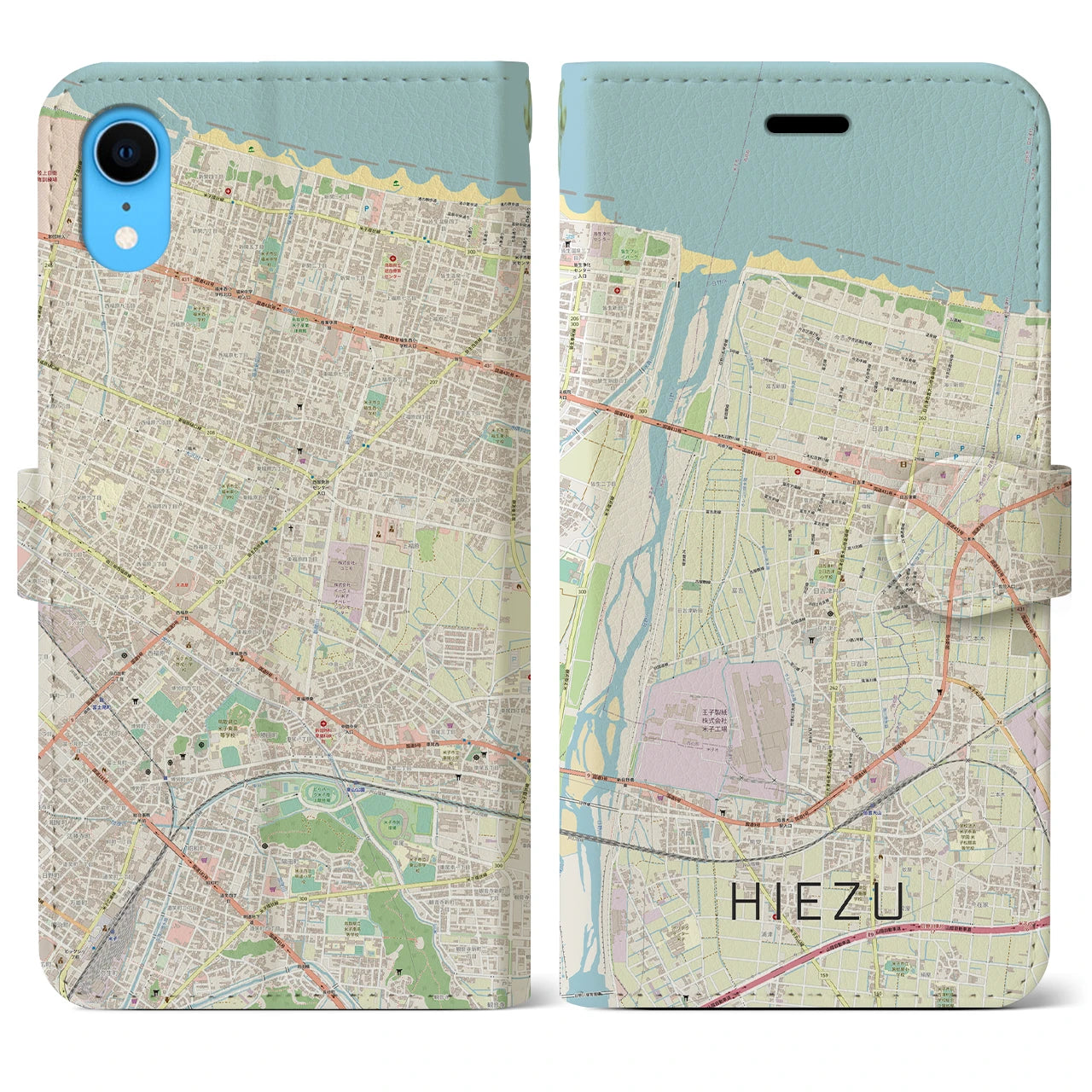 【日吉津】地図柄iPhoneケース（手帳両面タイプ・ナチュラル）iPhone XR 用