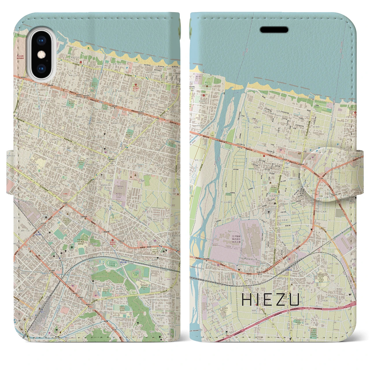 【日吉津】地図柄iPhoneケース（手帳両面タイプ・ナチュラル）iPhone XS Max 用