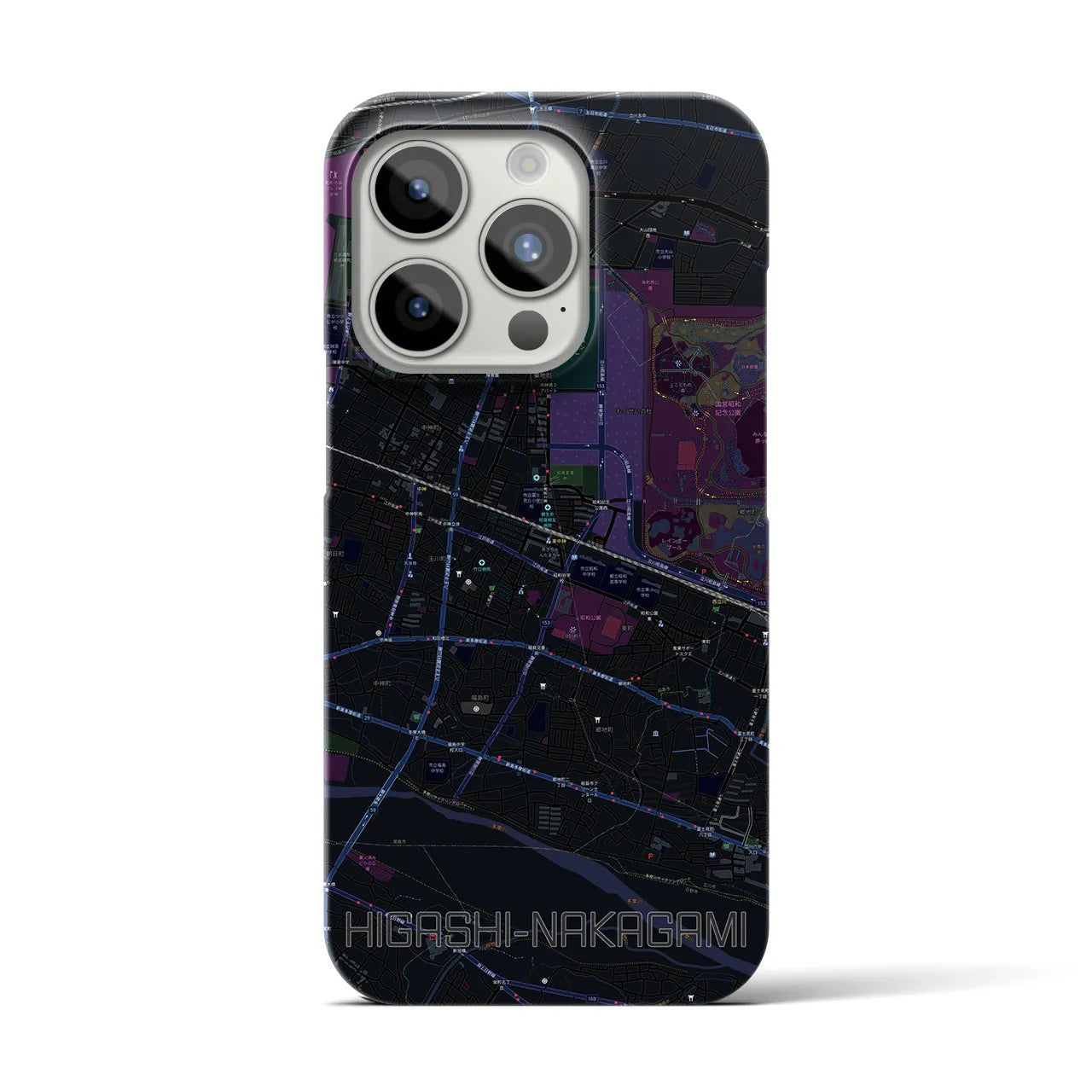 【東中神】地図柄iPhoneケース（バックカバータイプ・ブラック）iPhone 15 Pro 用