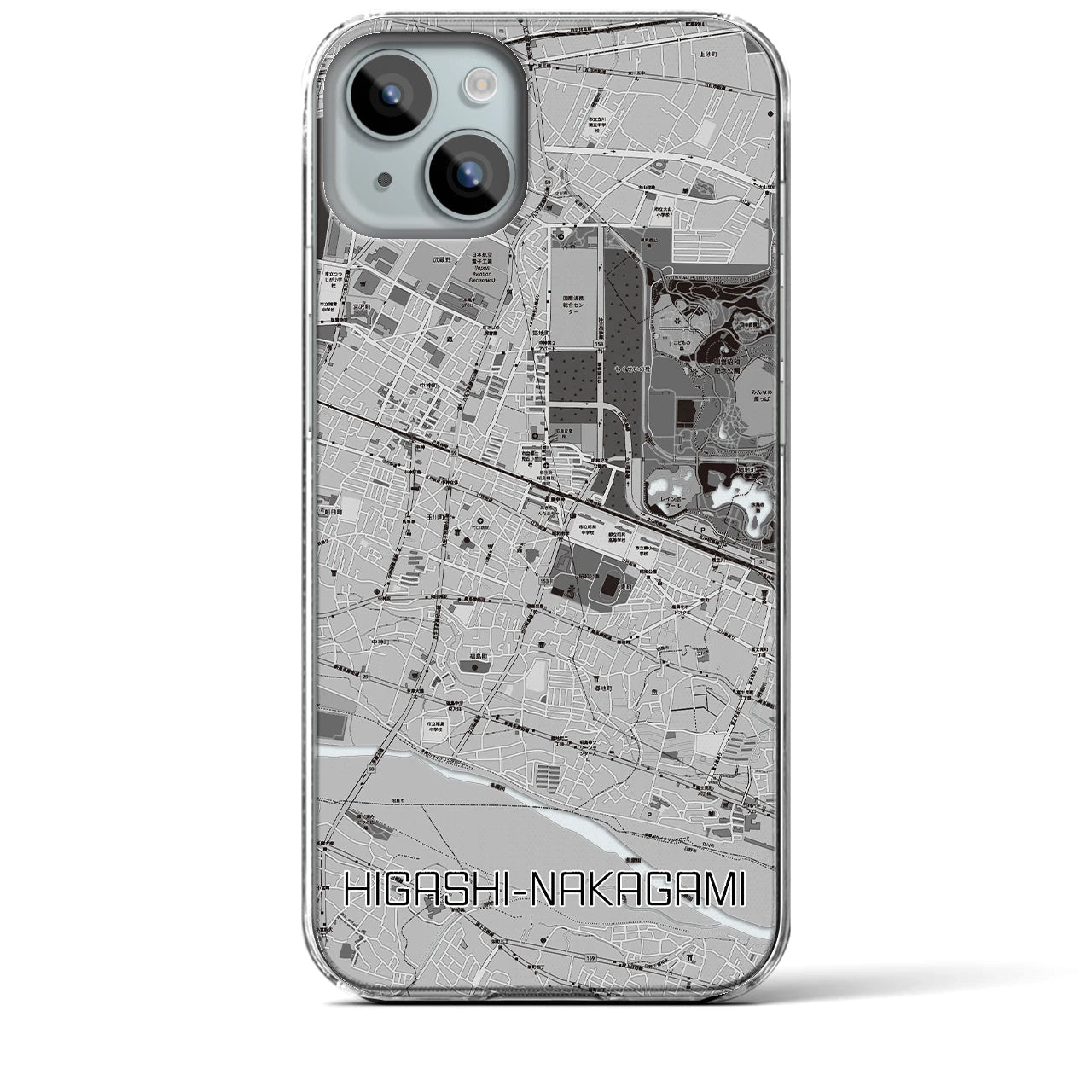 【東中神】地図柄iPhoneケース（クリアタイプ・モノトーン）iPhone 15 Plus 用