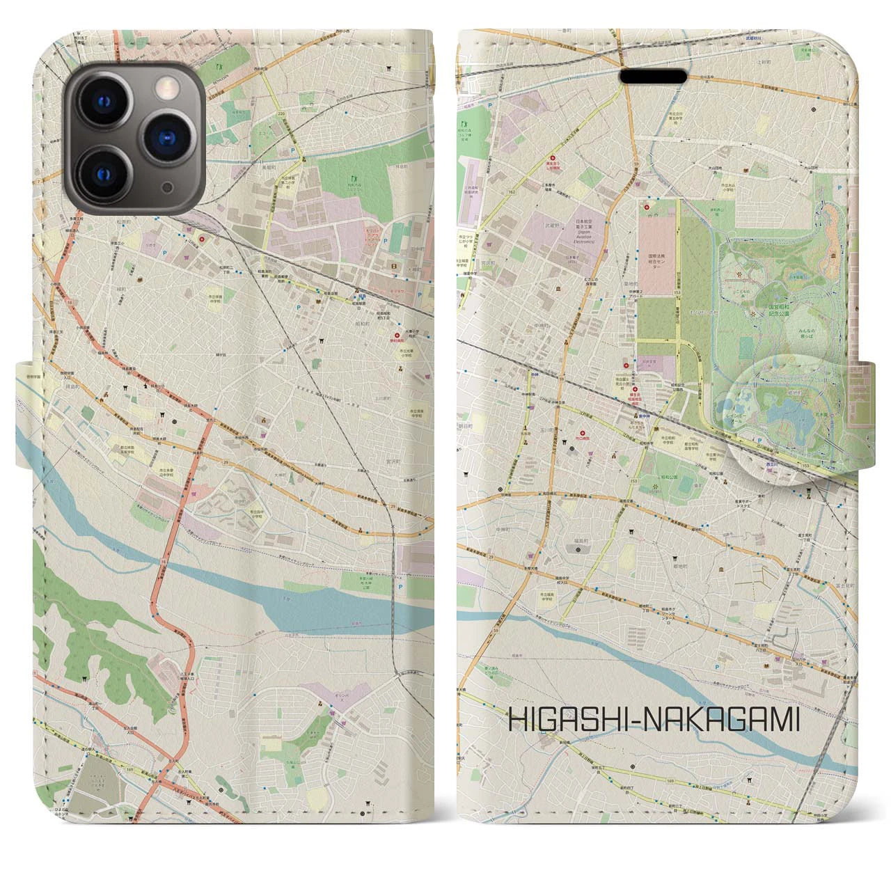 【東中神】地図柄iPhoneケース（手帳両面タイプ・ナチュラル）iPhone 11 Pro Max 用