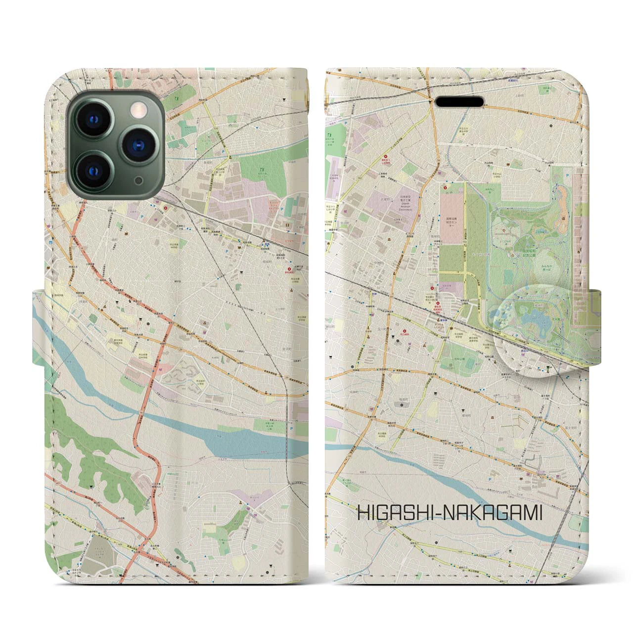 【東中神】地図柄iPhoneケース（手帳両面タイプ・ナチュラル）iPhone 11 Pro 用