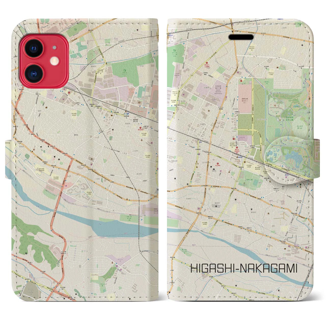 【東中神】地図柄iPhoneケース（手帳両面タイプ・ナチュラル）iPhone 11 用