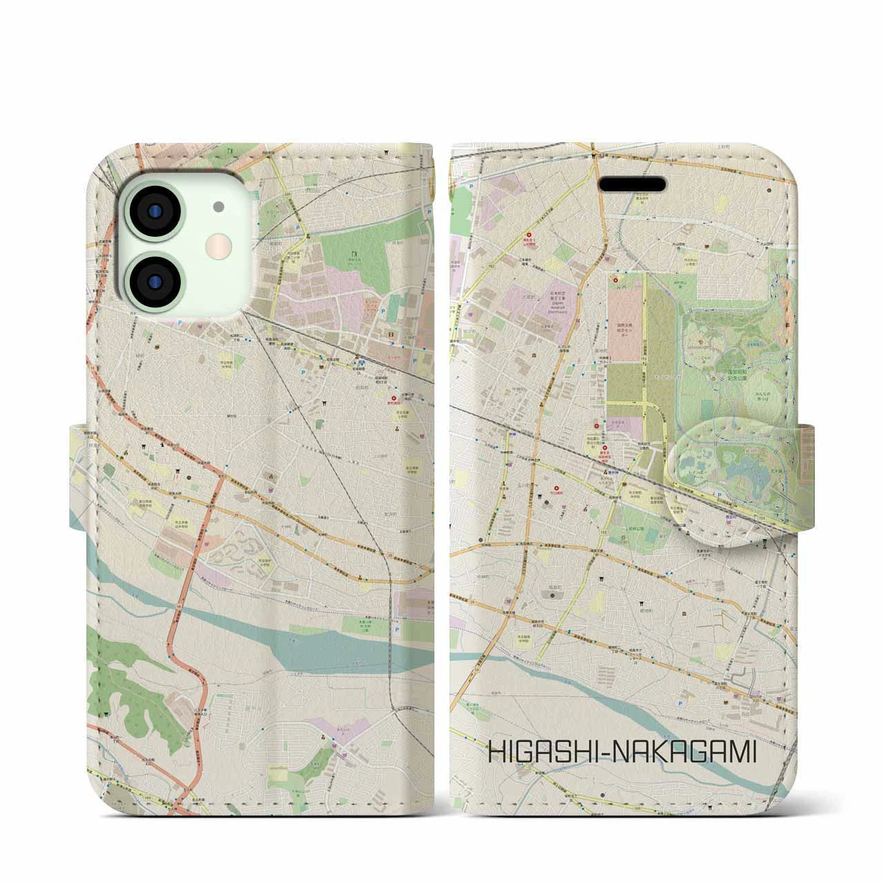 【東中神】地図柄iPhoneケース（手帳両面タイプ・ナチュラル）iPhone 12 mini 用