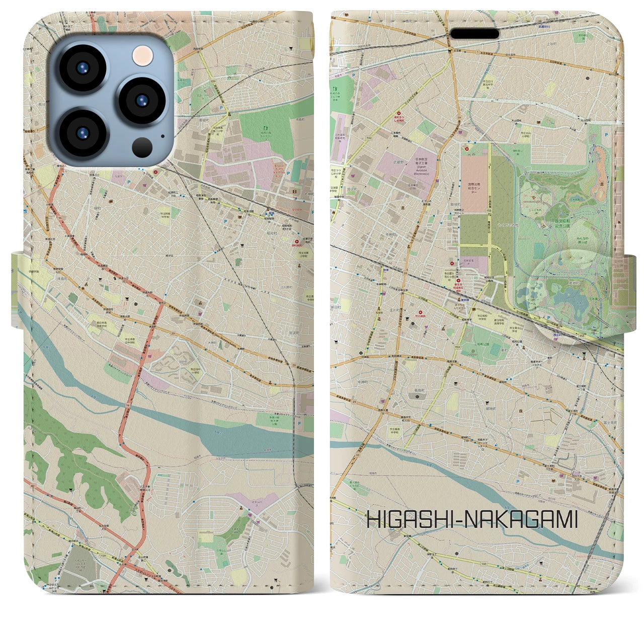 【東中神】地図柄iPhoneケース（手帳両面タイプ・ナチュラル）iPhone 13 Pro Max 用