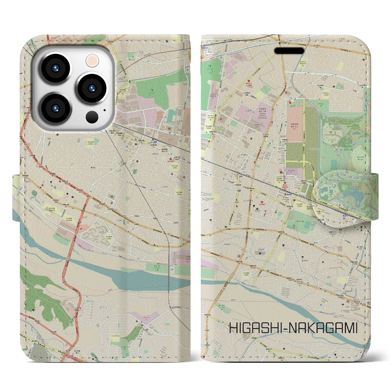 【東中神】地図柄iPhoneケース（手帳両面タイプ・ナチュラル）iPhone 13 Pro 用