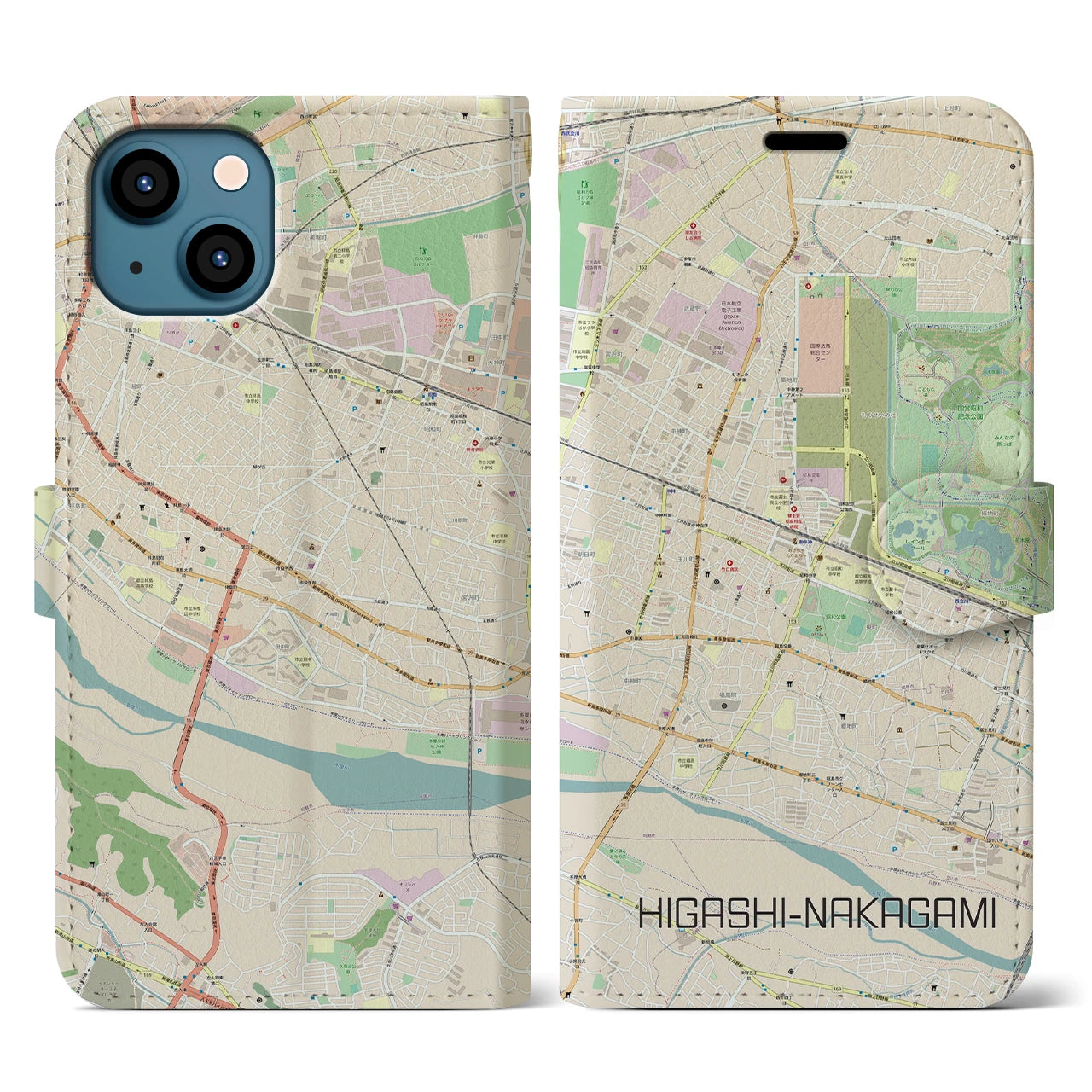 【東中神】地図柄iPhoneケース（手帳両面タイプ・ナチュラル）iPhone 13 用