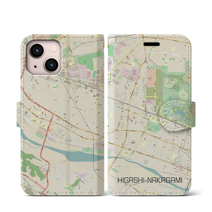 【東中神（東京都）】地図柄iPhoneケース（手帳タイプ）ナチュラル・iPhone 13 mini 用