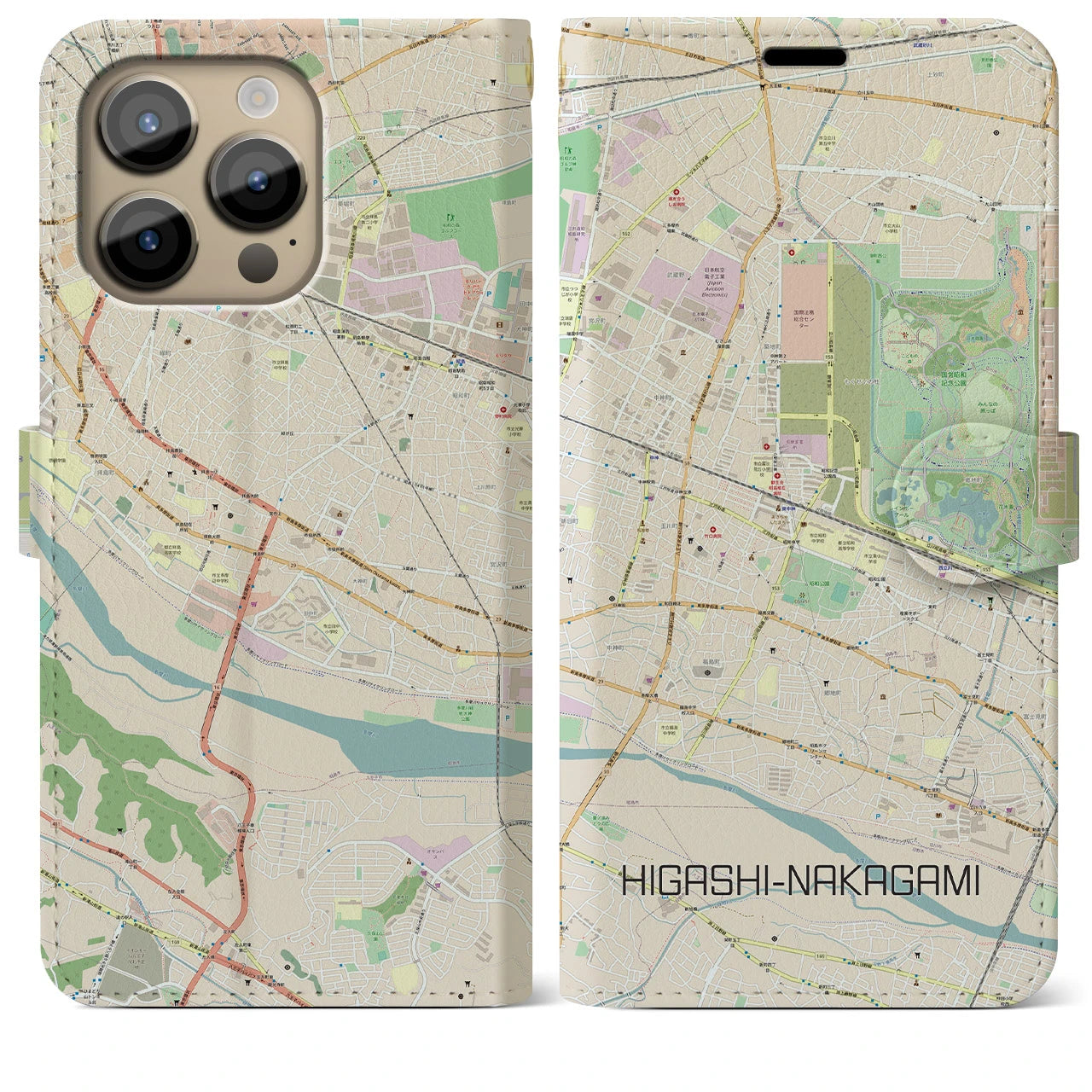 【東中神】地図柄iPhoneケース（手帳両面タイプ・ナチュラル）iPhone 14 Pro Max 用