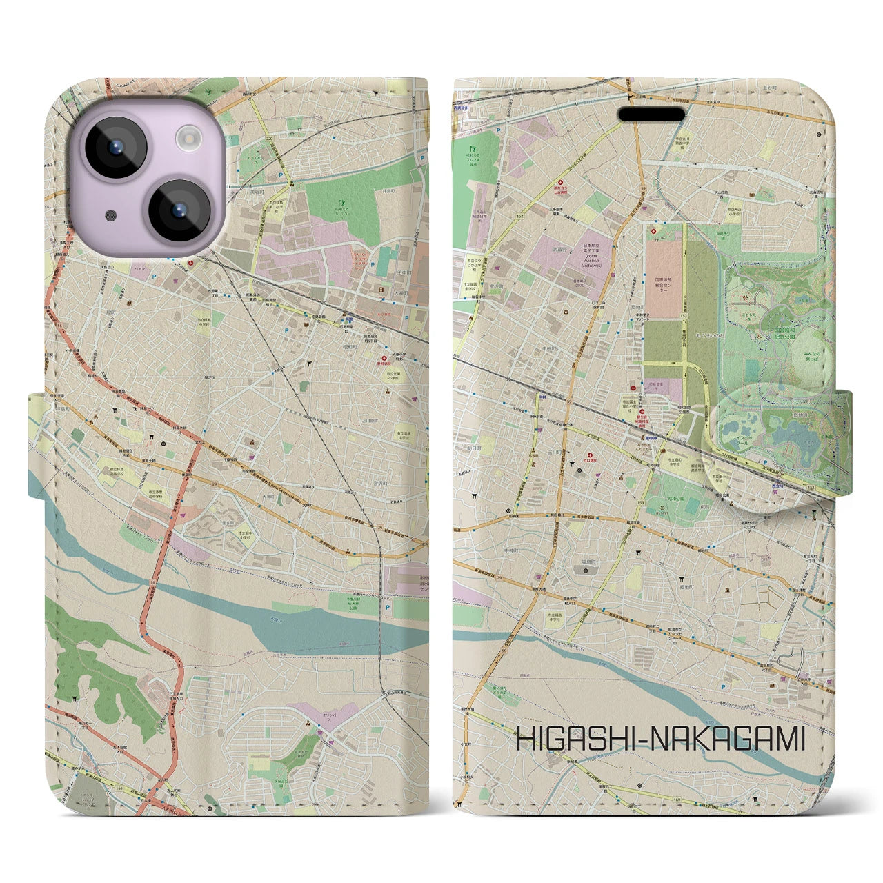 【東中神】地図柄iPhoneケース（手帳両面タイプ・ナチュラル）iPhone 14 用