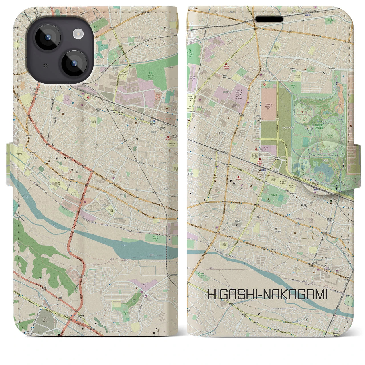 【東中神】地図柄iPhoneケース（手帳両面タイプ・ナチュラル）iPhone 14 Plus 用