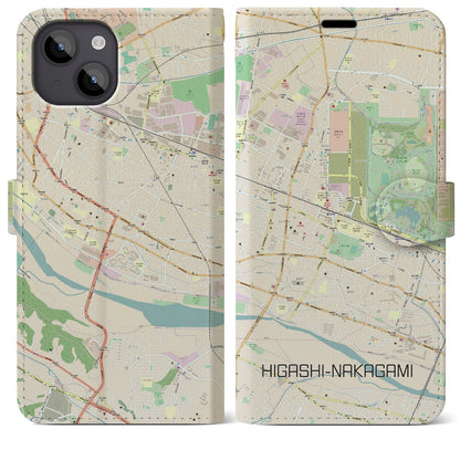 【東中神（東京都）】地図柄iPhoneケース（手帳タイプ）ナチュラル・iPhone 14 Plus 用