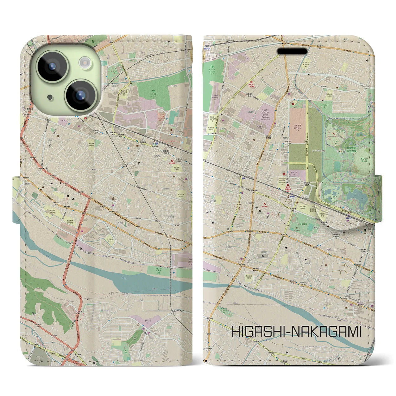 【東中神】地図柄iPhoneケース（手帳両面タイプ・ナチュラル）iPhone 15 用