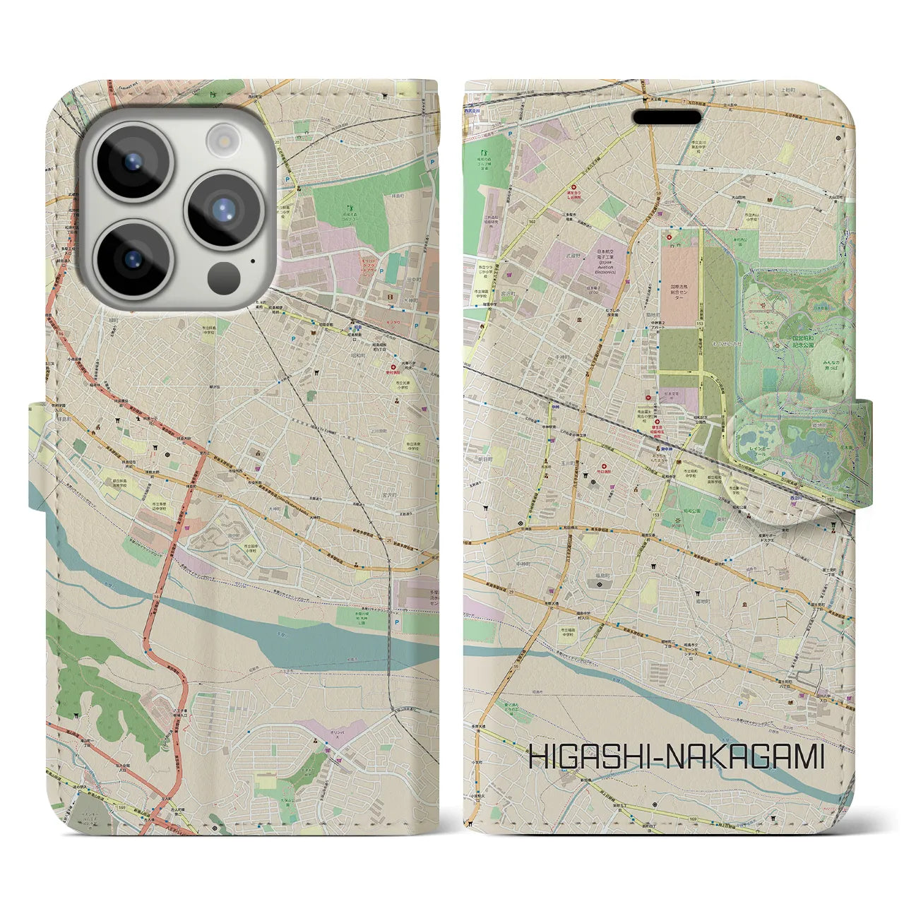 【東中神】地図柄iPhoneケース（手帳両面タイプ・ナチュラル）iPhone 15 Pro 用
