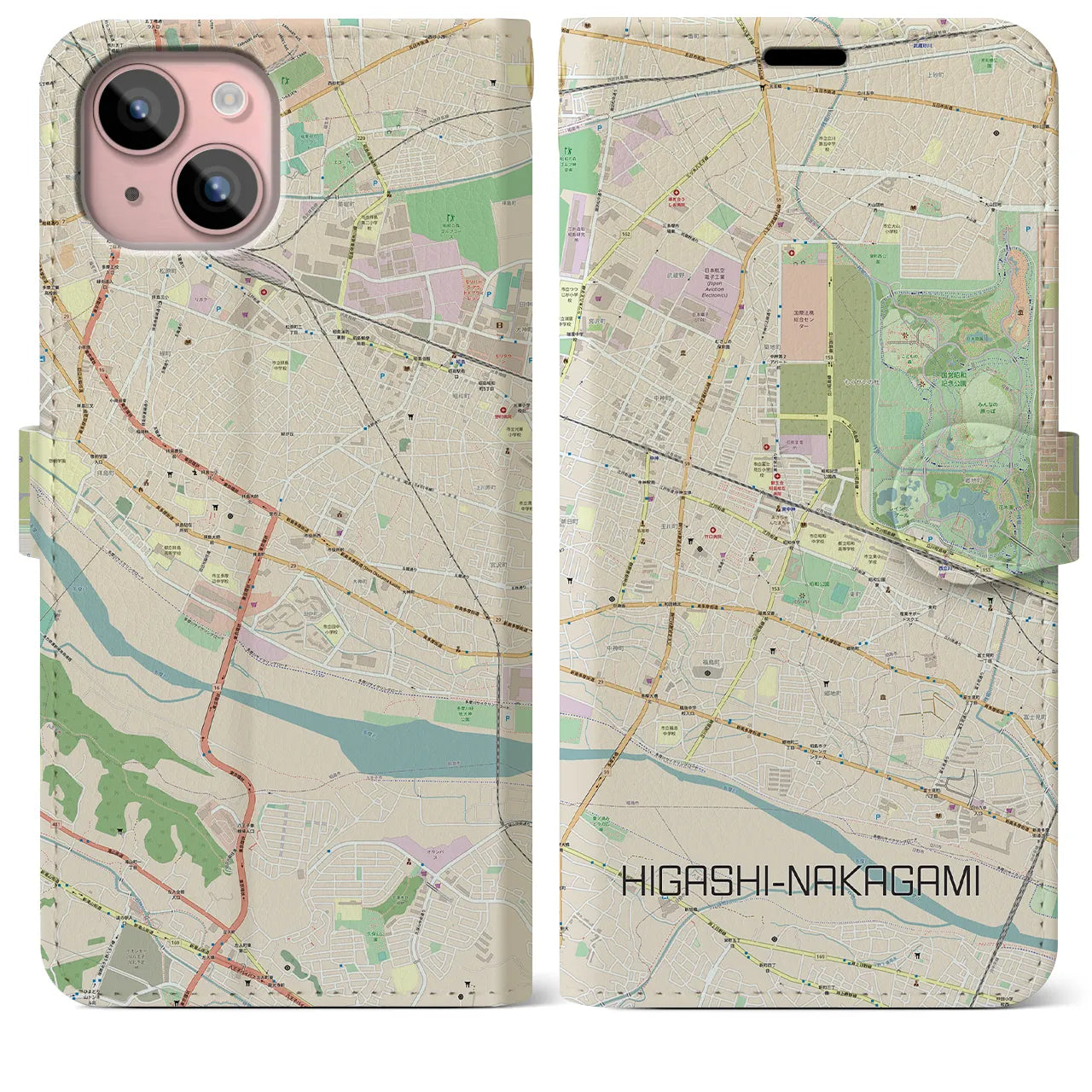 【東中神】地図柄iPhoneケース（手帳両面タイプ・ナチュラル）iPhone 15 Plus 用