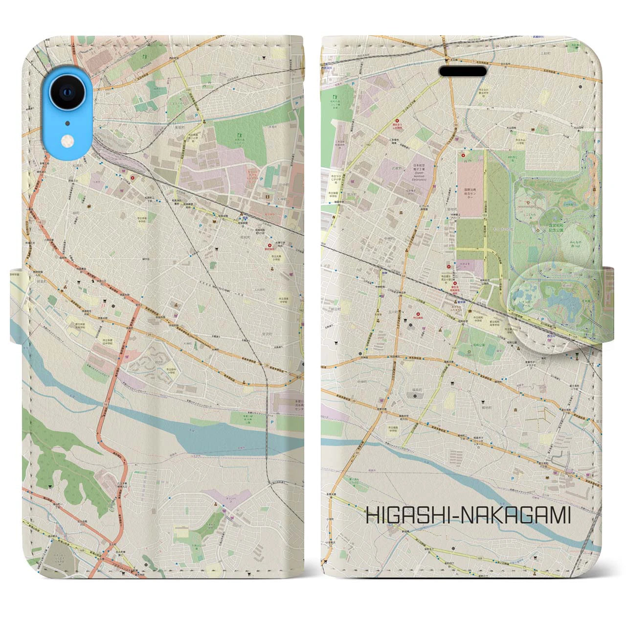 【東中神】地図柄iPhoneケース（手帳両面タイプ・ナチュラル）iPhone XR 用
