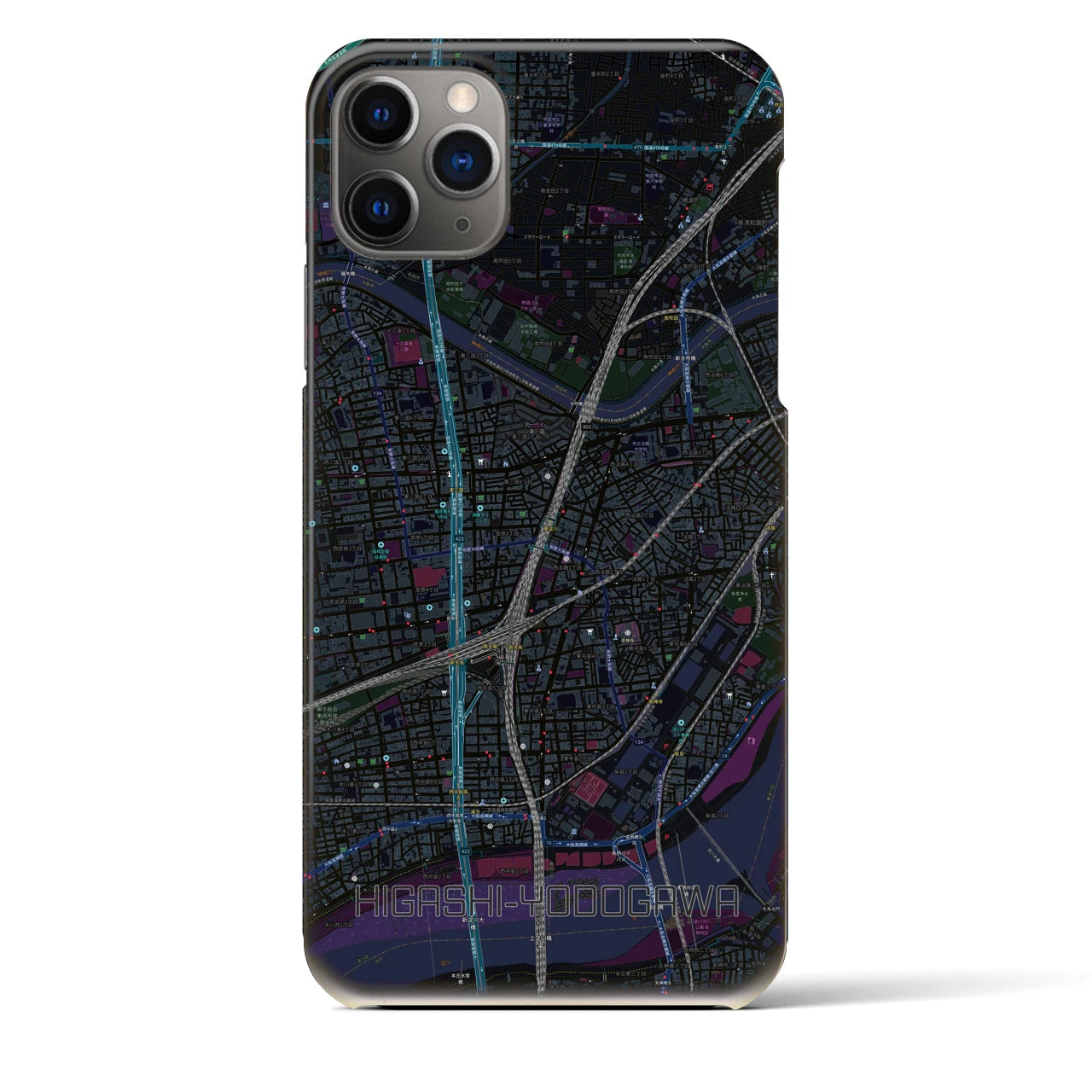 【東淀川】地図柄iPhoneケース（バックカバータイプ・ブラック）iPhone 11 Pro Max 用