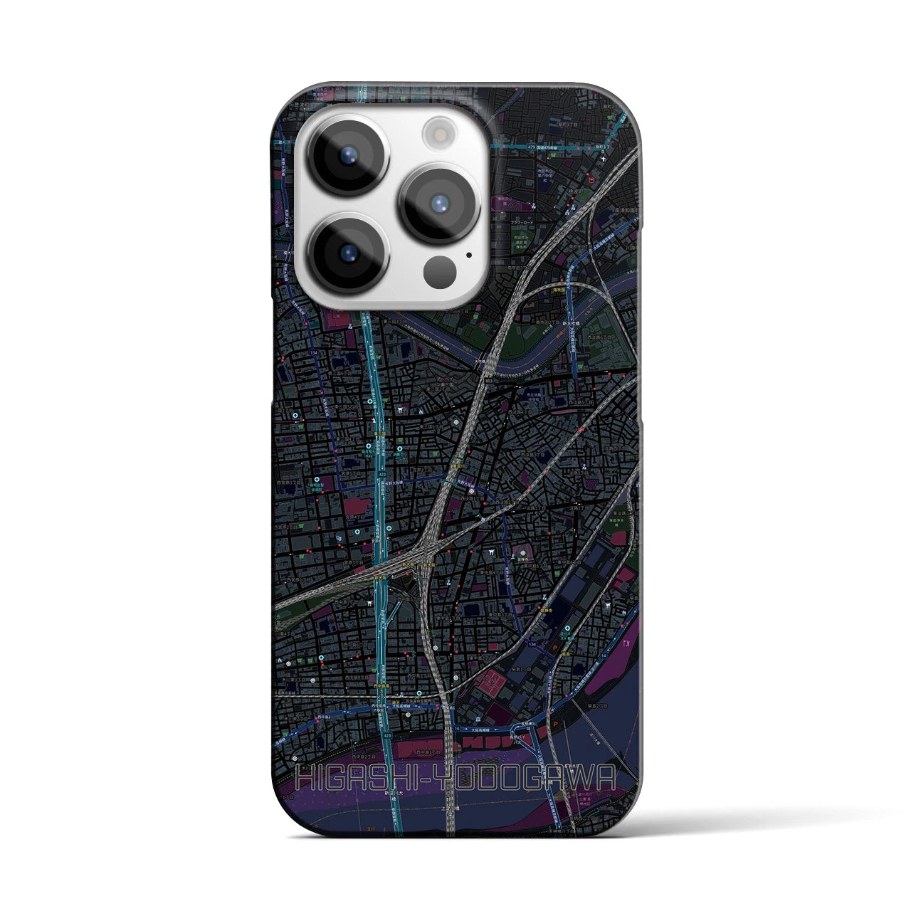 【東淀川】地図柄iPhoneケース（バックカバータイプ・ブラック）iPhone 14 Pro 用
