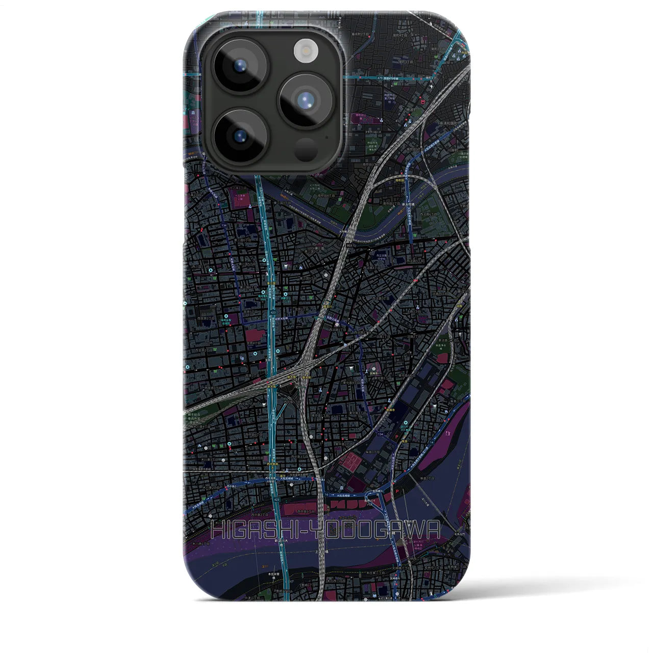 【東淀川】地図柄iPhoneケース（バックカバータイプ・ブラック）iPhone 15 Pro Max 用