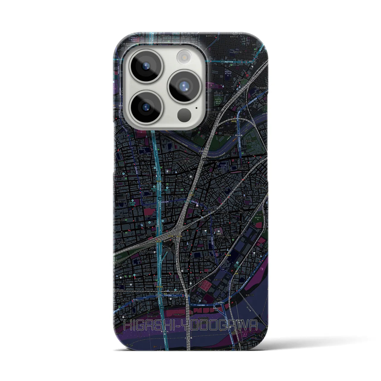 【東淀川】地図柄iPhoneケース（バックカバータイプ・ブラック）iPhone 15 Pro 用