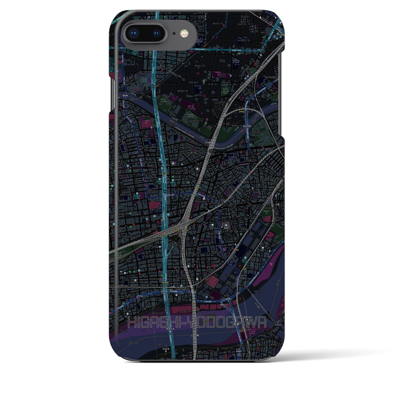 【東淀川】地図柄iPhoneケース（バックカバータイプ・ブラック）iPhone 8Plus /7Plus / 6sPlus / 6Plus 用