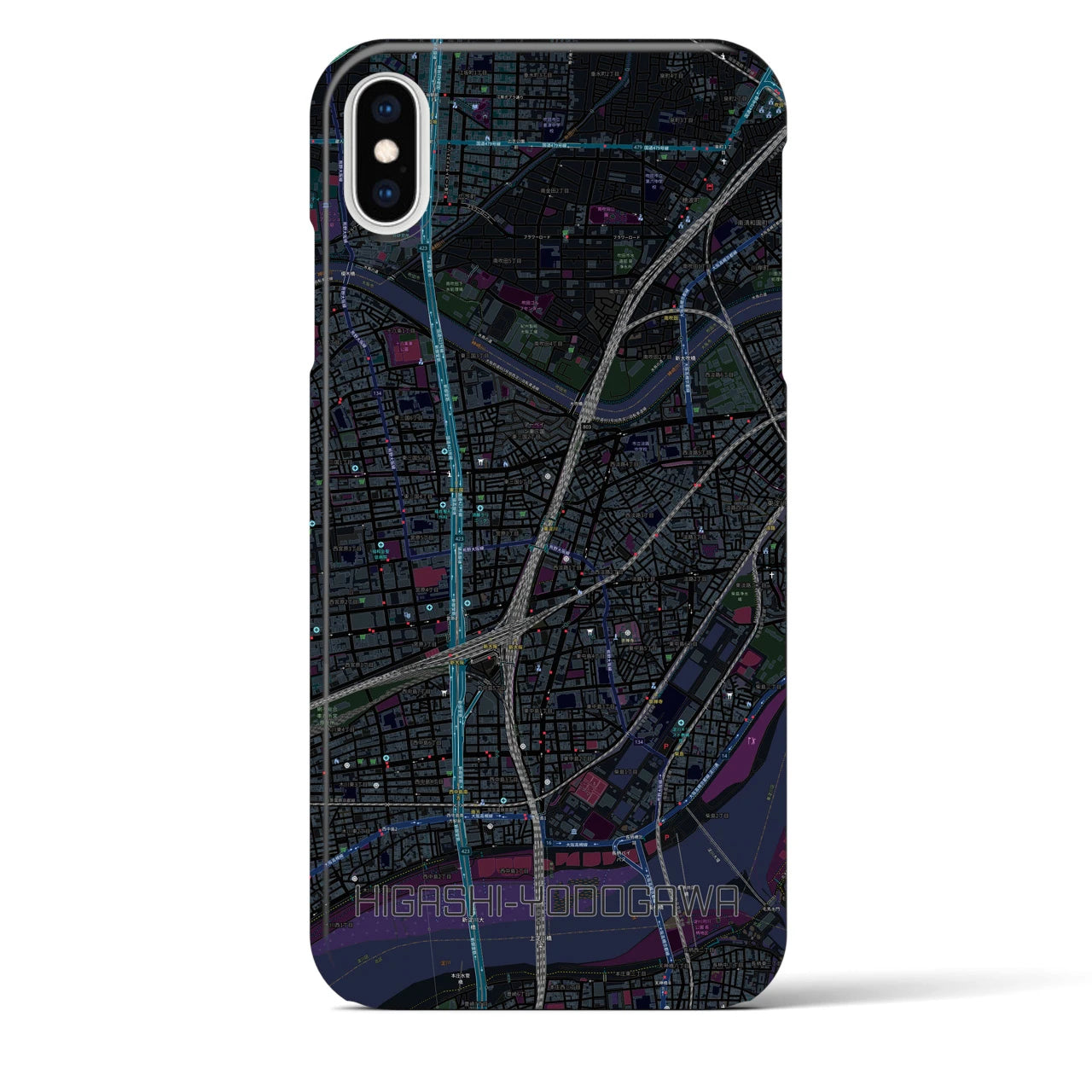 【東淀川】地図柄iPhoneケース（バックカバータイプ・ブラック）iPhone XS Max 用