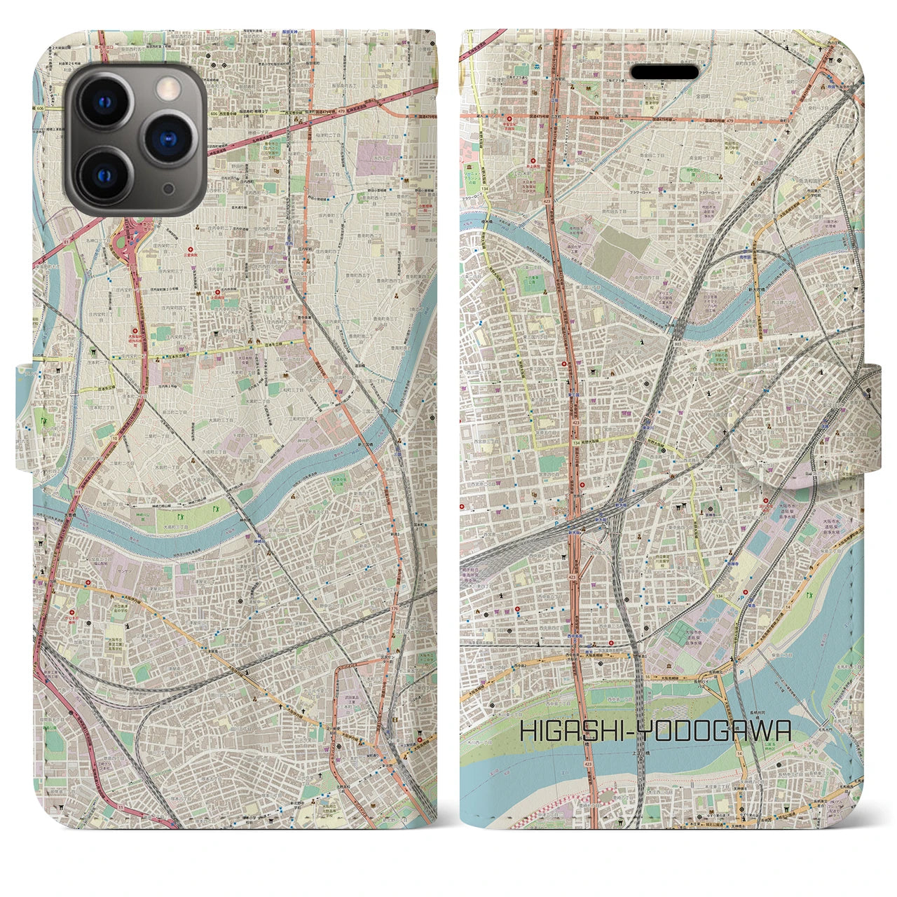 【東淀川】地図柄iPhoneケース（手帳両面タイプ・ナチュラル）iPhone 11 Pro Max 用