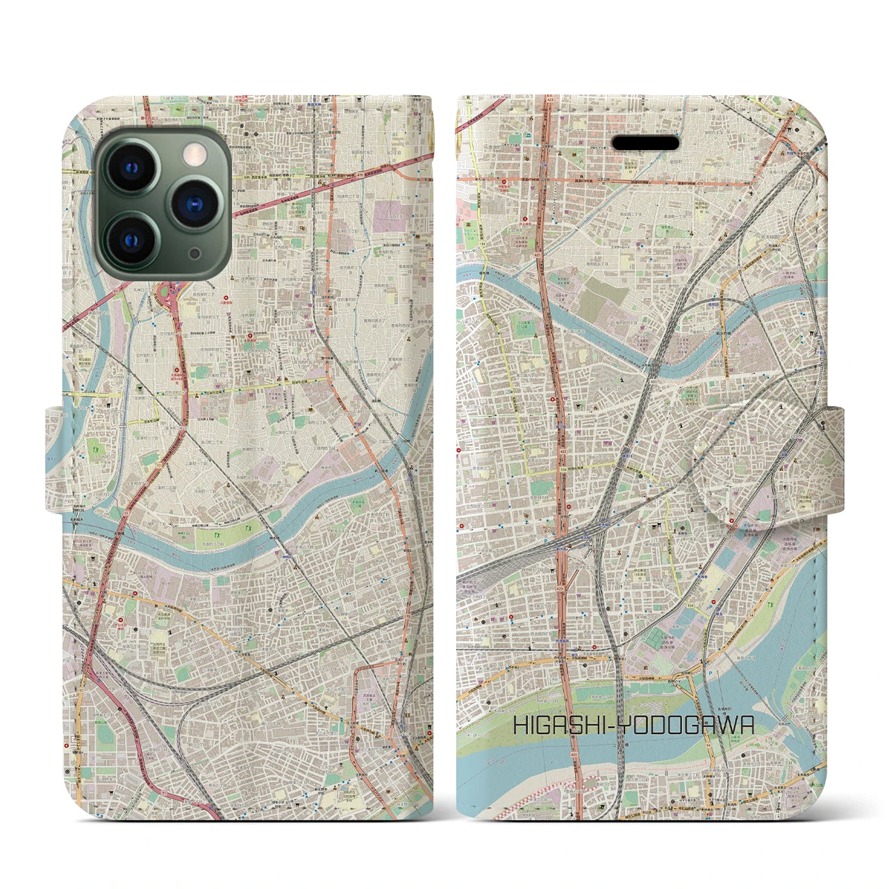 【東淀川】地図柄iPhoneケース（手帳両面タイプ・ナチュラル）iPhone 11 Pro 用