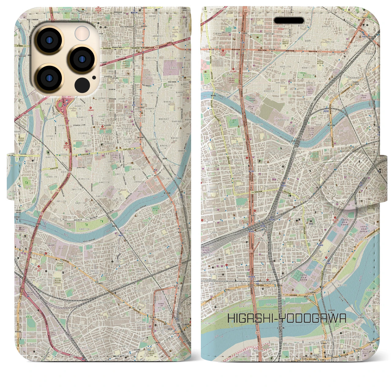【東淀川】地図柄iPhoneケース（手帳両面タイプ・ナチュラル）iPhone 12 Pro Max 用