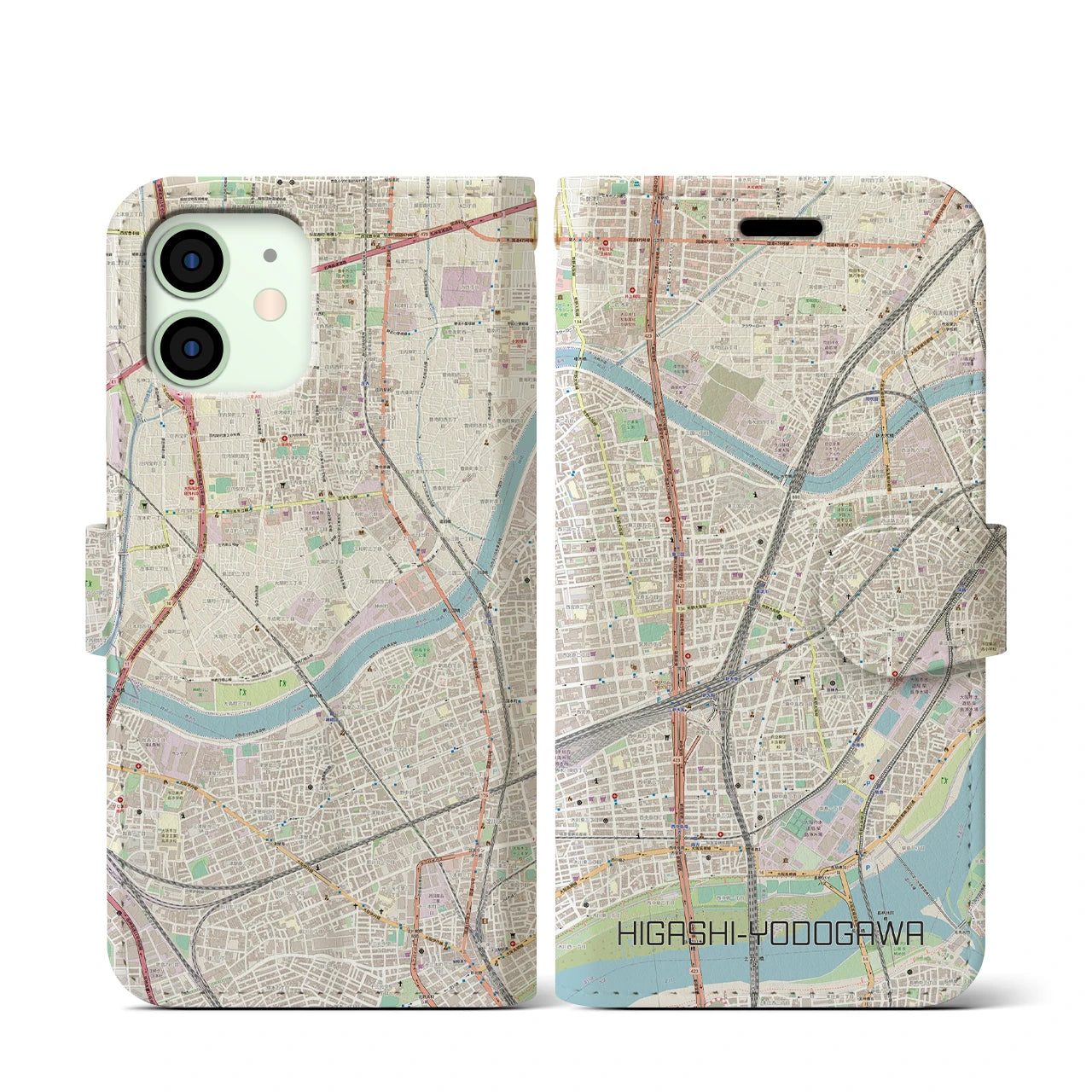 【東淀川】地図柄iPhoneケース（手帳両面タイプ・ナチュラル）iPhone 12 mini 用