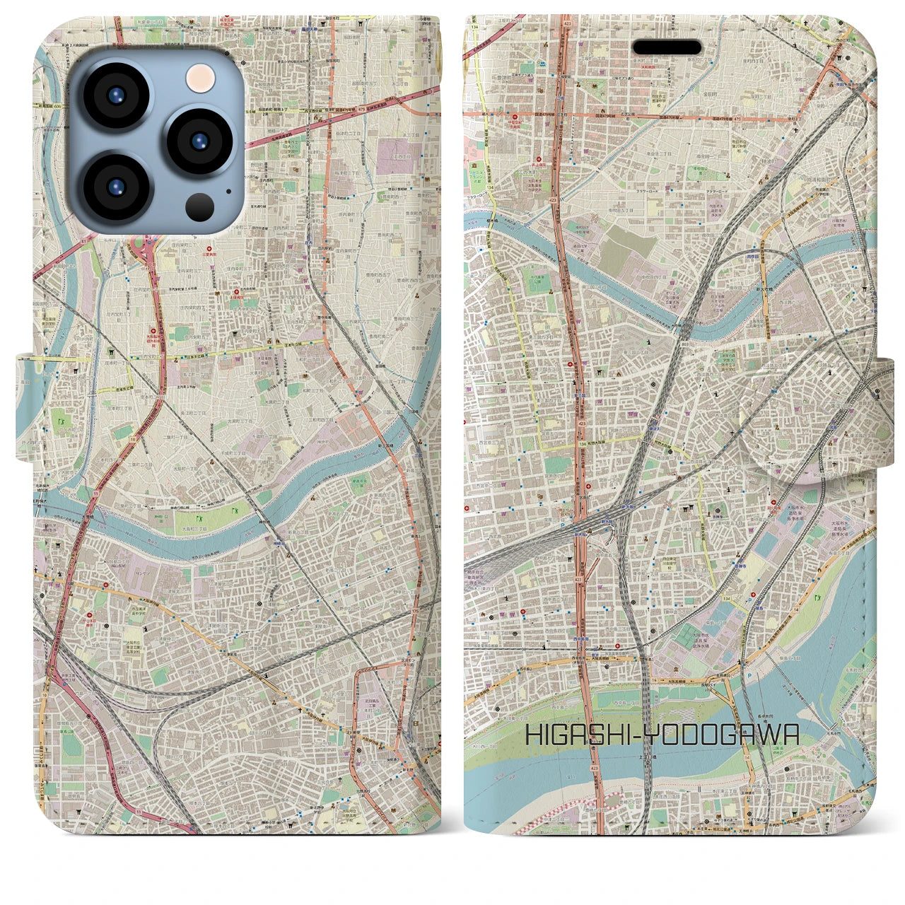 【東淀川】地図柄iPhoneケース（手帳両面タイプ・ナチュラル）iPhone 13 Pro Max 用