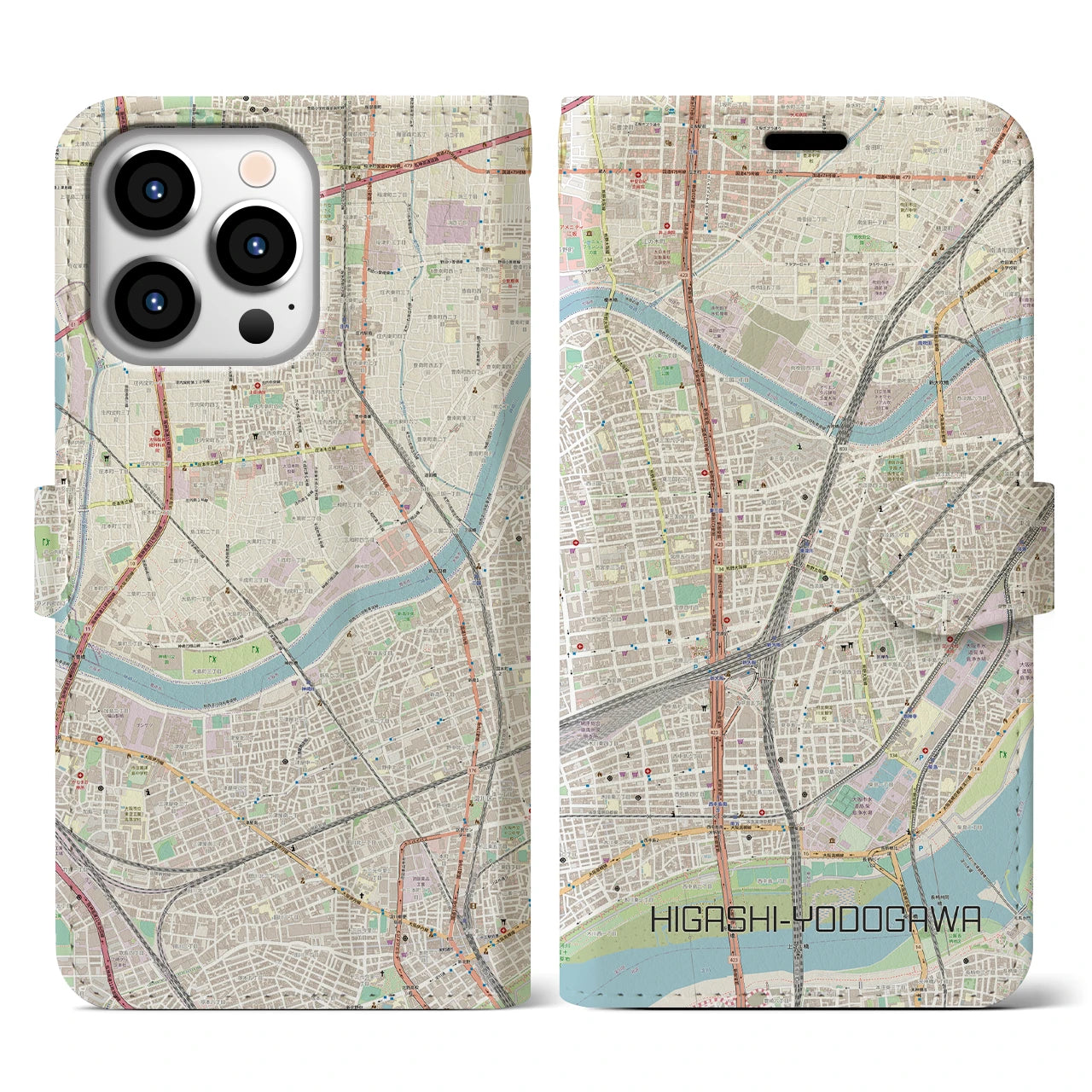 【東淀川】地図柄iPhoneケース（手帳両面タイプ・ナチュラル）iPhone 13 Pro 用