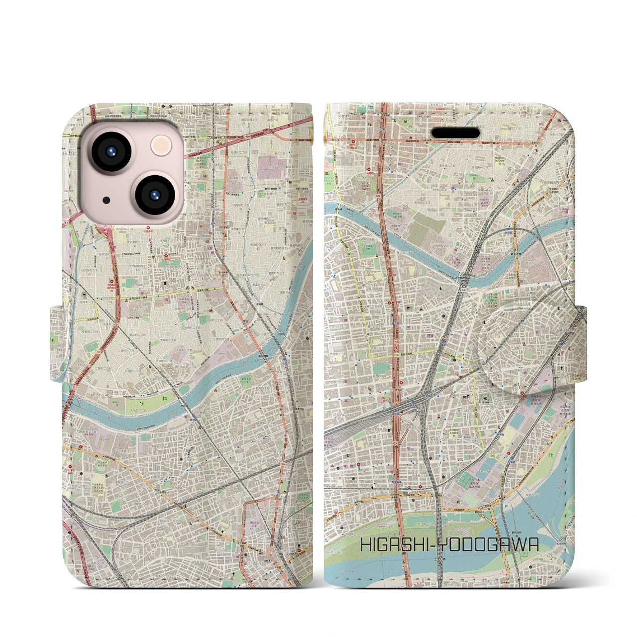 【東淀川】地図柄iPhoneケース（手帳両面タイプ・ナチュラル）iPhone 13 mini 用