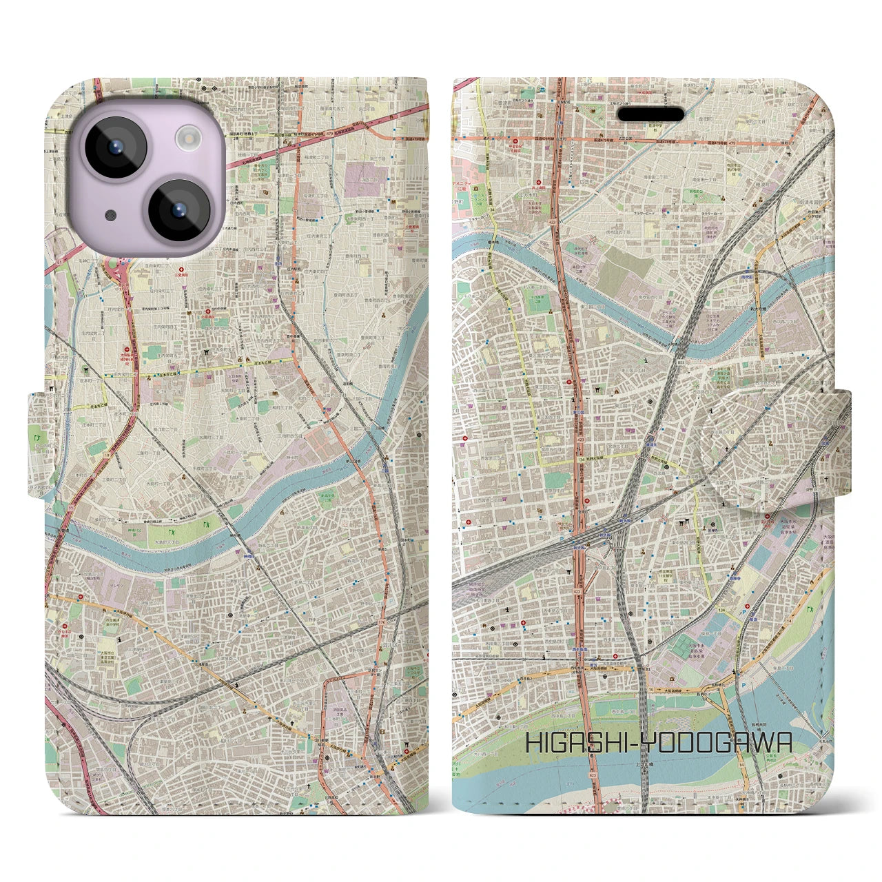 【東淀川】地図柄iPhoneケース（手帳両面タイプ・ナチュラル）iPhone 14 用