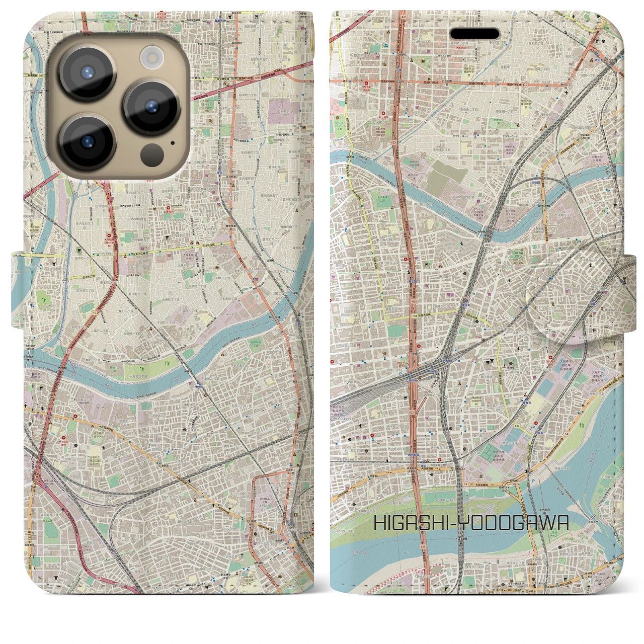 【東淀川】地図柄iPhoneケース（手帳両面タイプ・ナチュラル）iPhone 14 Pro Max 用