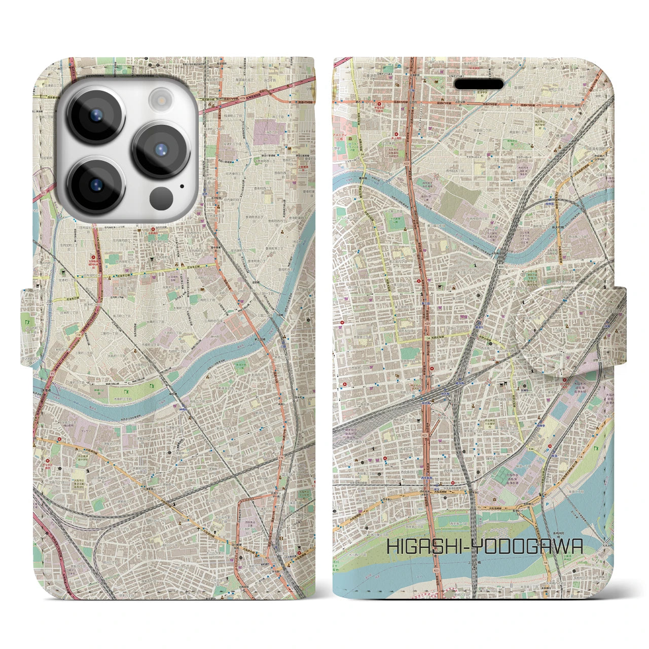 【東淀川】地図柄iPhoneケース（手帳両面タイプ・ナチュラル）iPhone 14 Pro 用