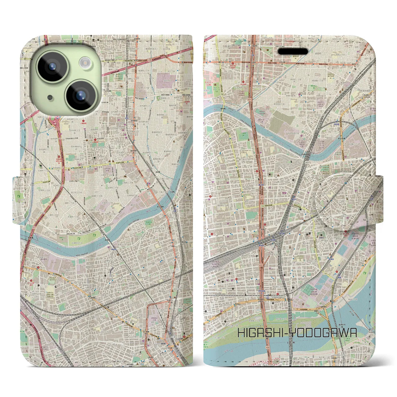 【東淀川】地図柄iPhoneケース（手帳両面タイプ・ナチュラル）iPhone 15 用