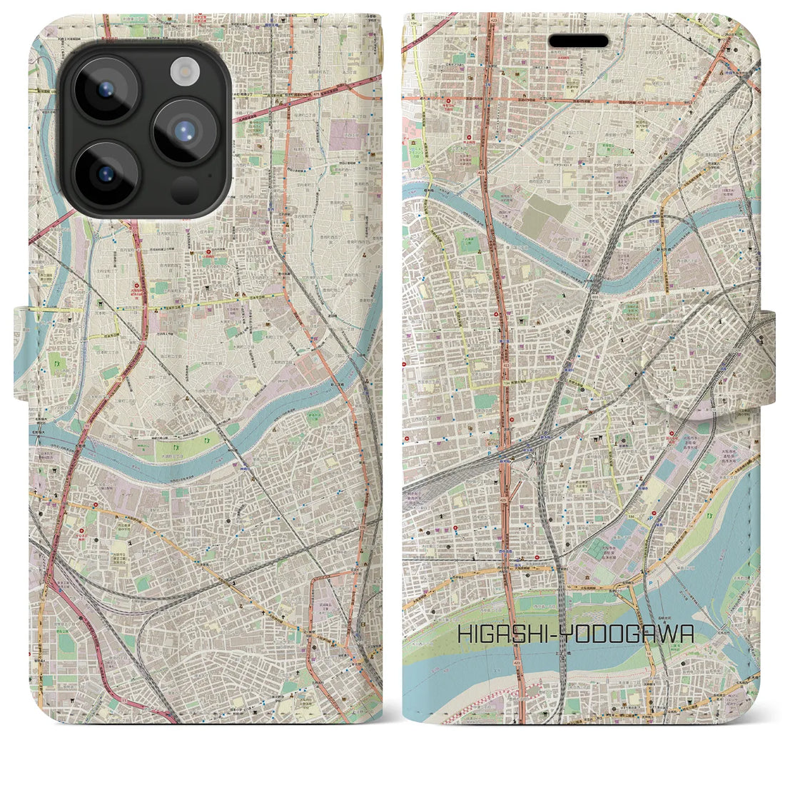 【東淀川】地図柄iPhoneケース（手帳両面タイプ・ナチュラル）iPhone 15 Pro Max 用