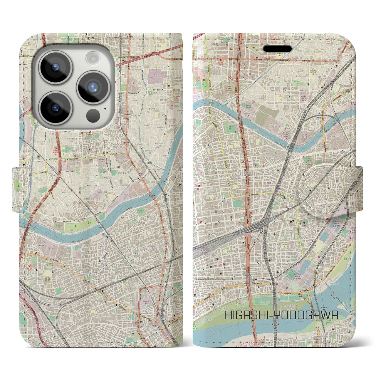 【東淀川】地図柄iPhoneケース（手帳両面タイプ・ナチュラル）iPhone 15 Pro 用