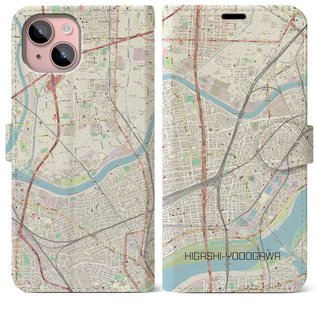 【東淀川】地図柄iPhoneケース（手帳両面タイプ・ナチュラル）iPhone 15 Plus 用