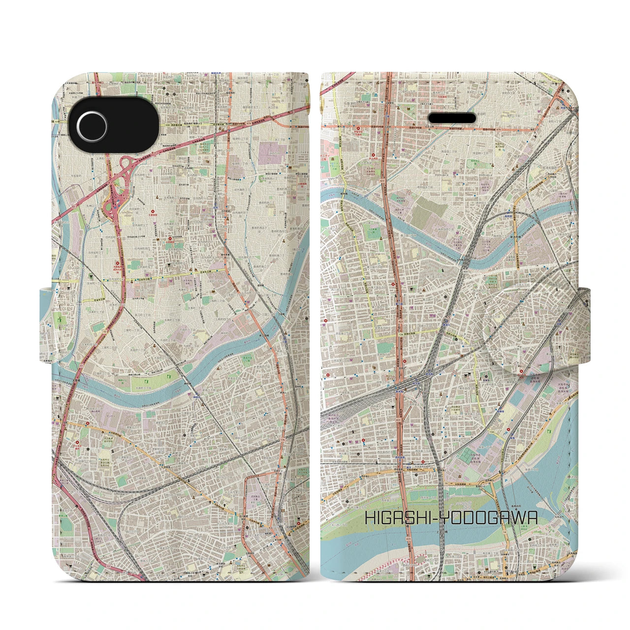 【東淀川】地図柄iPhoneケース（手帳両面タイプ・ナチュラル）iPhone SE（第3 / 第2世代） / 8 / 7 / 6s / 6 用