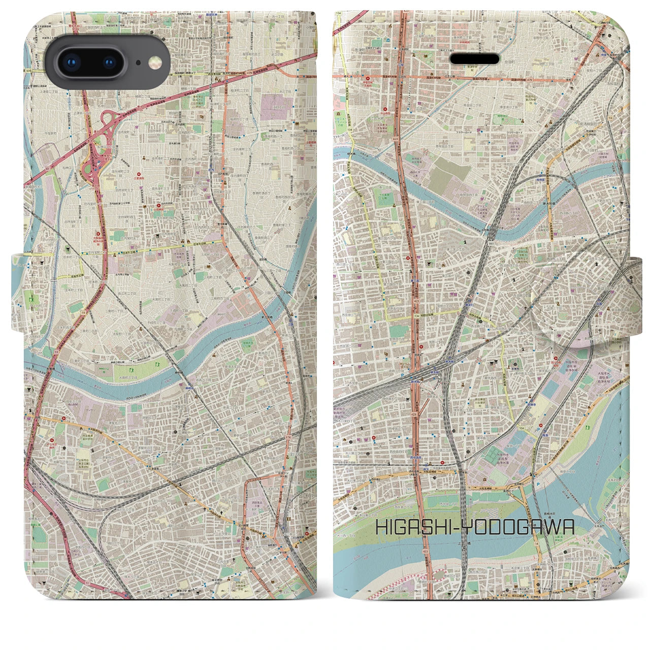 【東淀川】地図柄iPhoneケース（手帳両面タイプ・ナチュラル）iPhone 8Plus /7Plus / 6sPlus / 6Plus 用