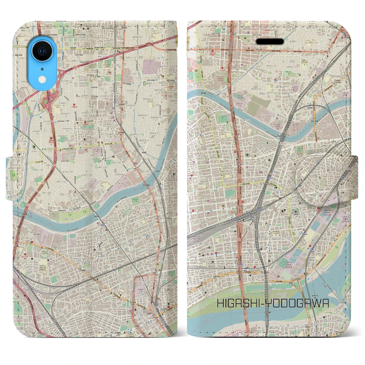 【東淀川】地図柄iPhoneケース（手帳両面タイプ・ナチュラル）iPhone XR 用