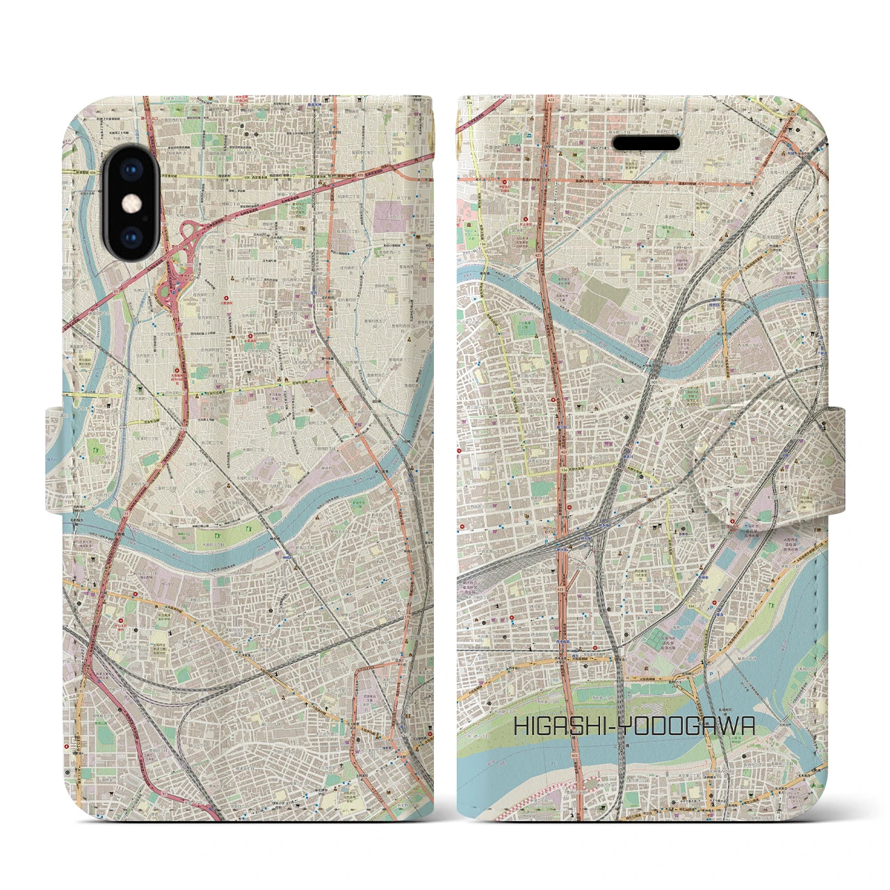 【東淀川】地図柄iPhoneケース（手帳両面タイプ・ナチュラル）iPhone XS / X 用