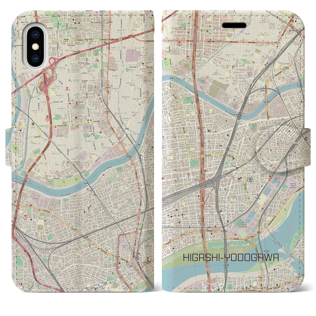 【東淀川】地図柄iPhoneケース（手帳両面タイプ・ナチュラル）iPhone XS Max 用