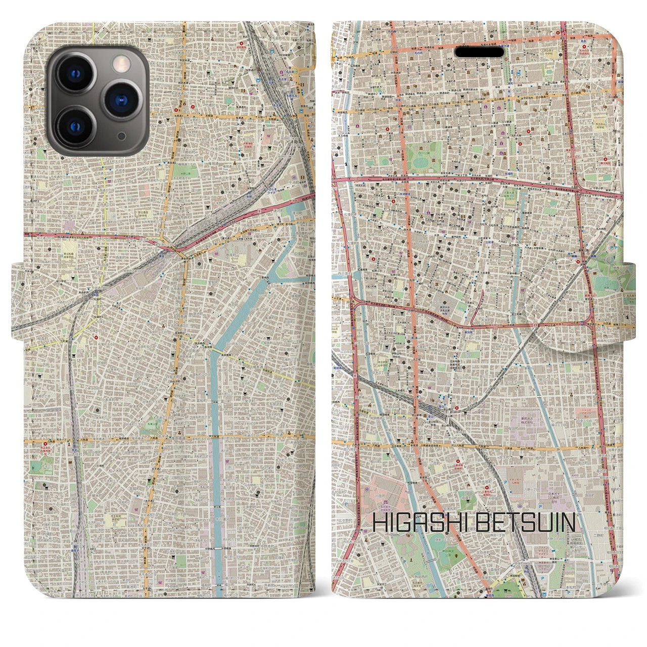 【東別院】地図柄iPhoneケース（手帳両面タイプ・ナチュラル）iPhone 11 Pro Max 用