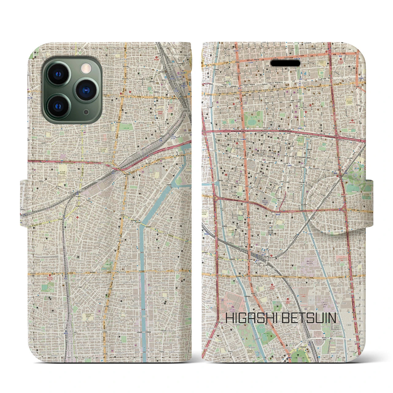 【東別院】地図柄iPhoneケース（手帳両面タイプ・ナチュラル）iPhone 11 Pro 用