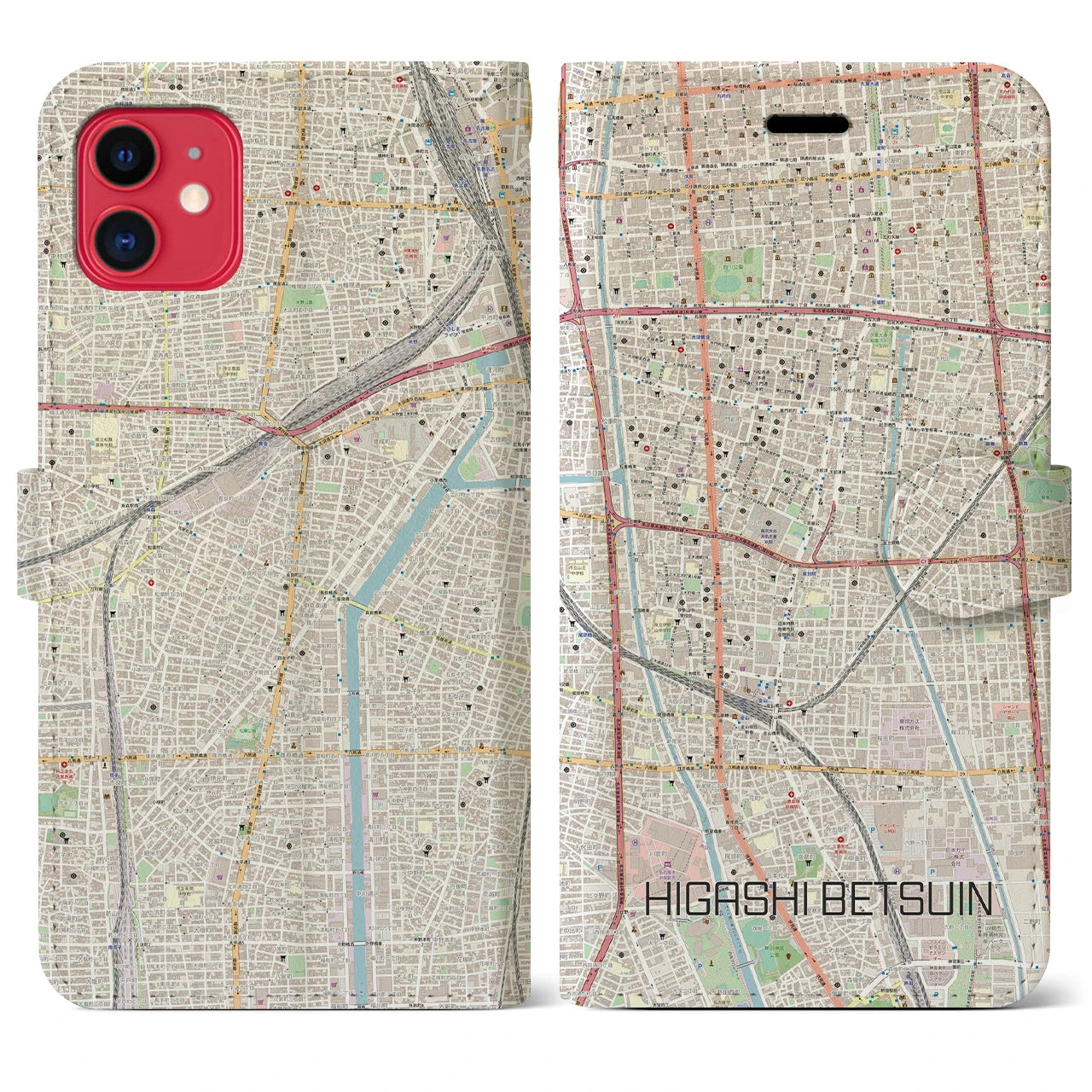 【東別院】地図柄iPhoneケース（手帳両面タイプ・ナチュラル）iPhone 11 用