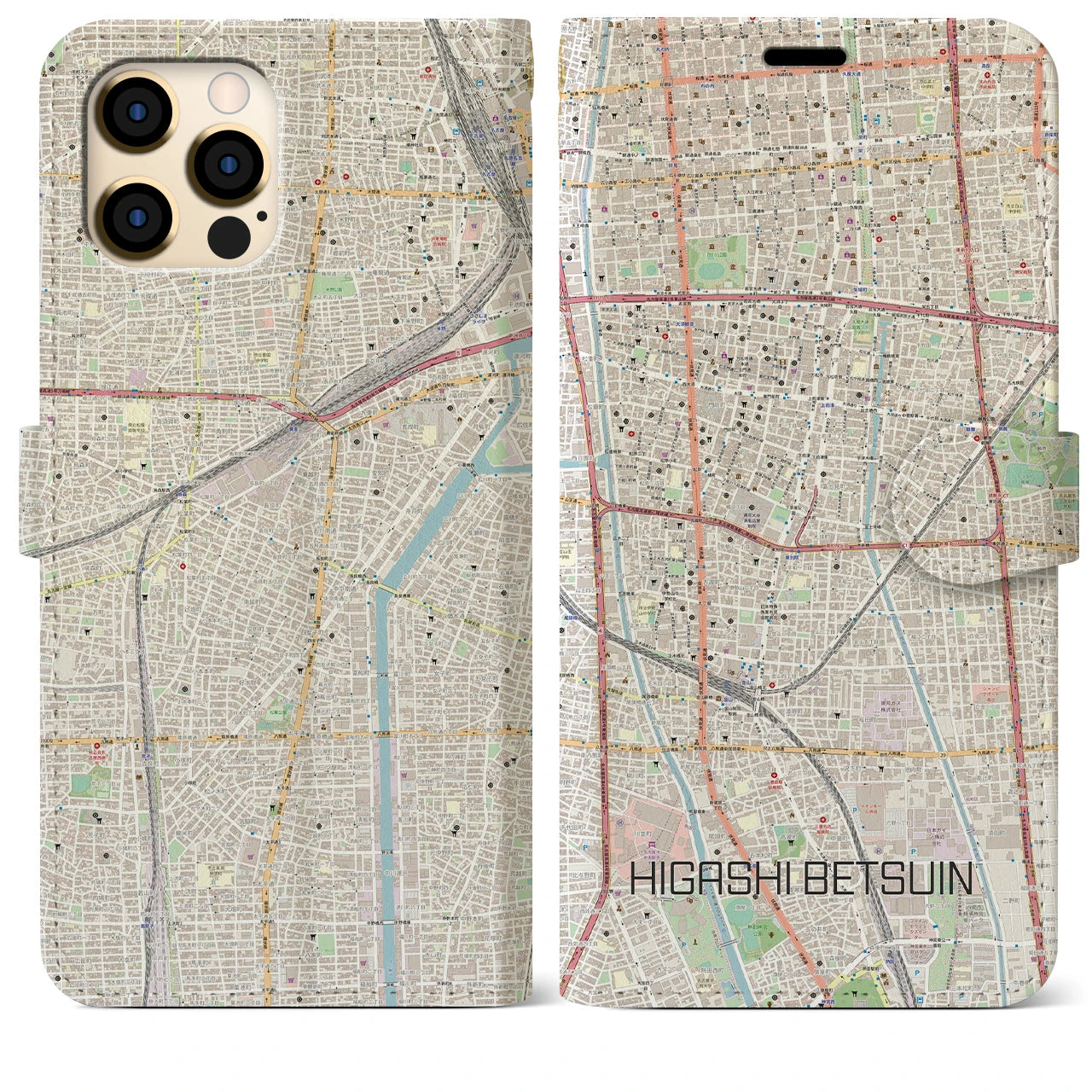 【東別院】地図柄iPhoneケース（手帳両面タイプ・ナチュラル）iPhone 12 Pro Max 用